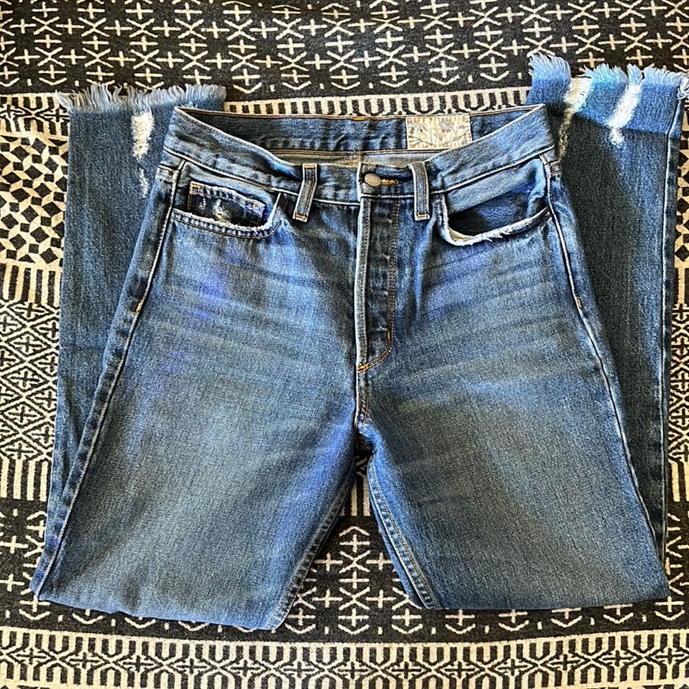 SIWY high rise distressed button fly denim. 100% cotton made in USA